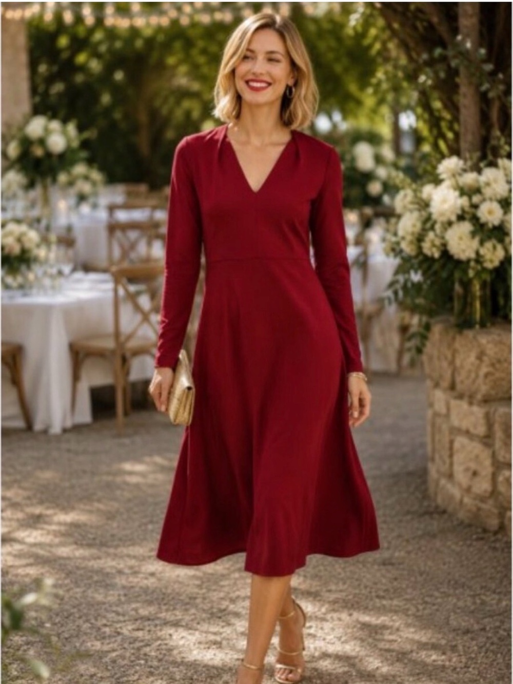 J. Jill Long Sleeve V-Neck Midi Dress in Burgundy